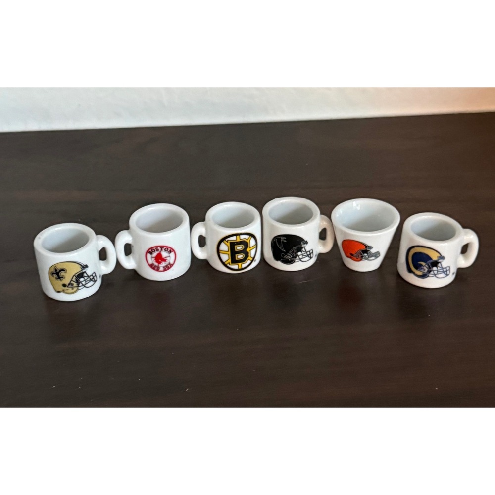 Vintage Miniature Sports Mugs 6pc NFL MLB NHL Saints Red Sox Bruins Rams Browns